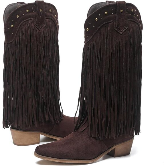 AMOJI Women Brown Western Cowboy Boots Pointed Toe Mid Calf Cowgirl - Picture 4 of 7